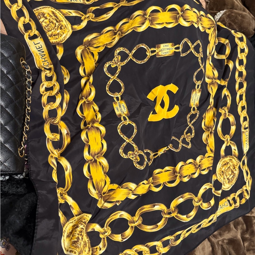 CHANEL 💯 % Silk Scarf Black and Gold Chain Motif Scarf